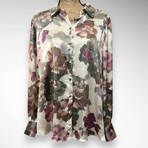 HAVER LONDON Women's Elegant Long Sleeve Pink and Green Floral Blouse XL | EUC